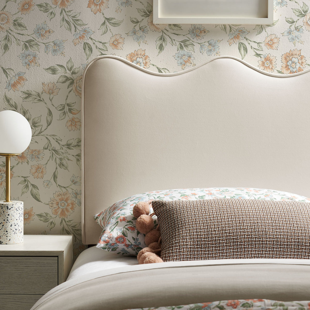 Athena stain-resistant velvet headboard in cream with curved silhouette by HouseOfZazla on Tampa Home & Garden Store