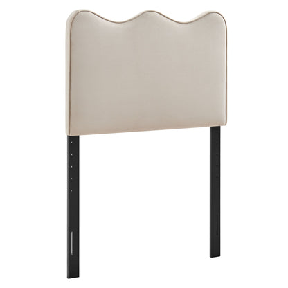 Athena stain-resistant velvet headboard in beige with curved top and black metal legs on Tampa Home & Garden Store