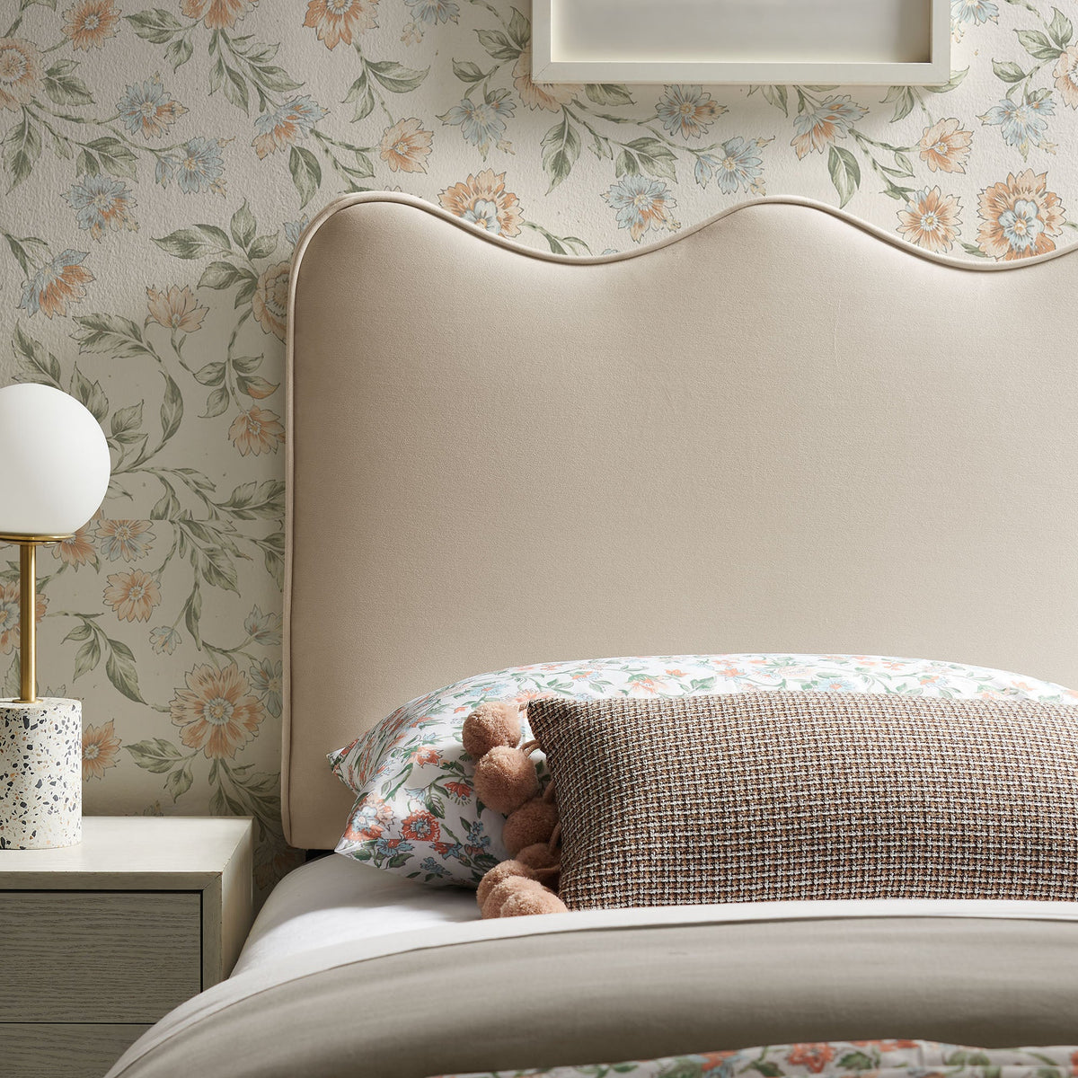 Athena stain-resistant velvet headboard in beige with curved wave top HouseOfZazla on Tampa Home & Garden Store