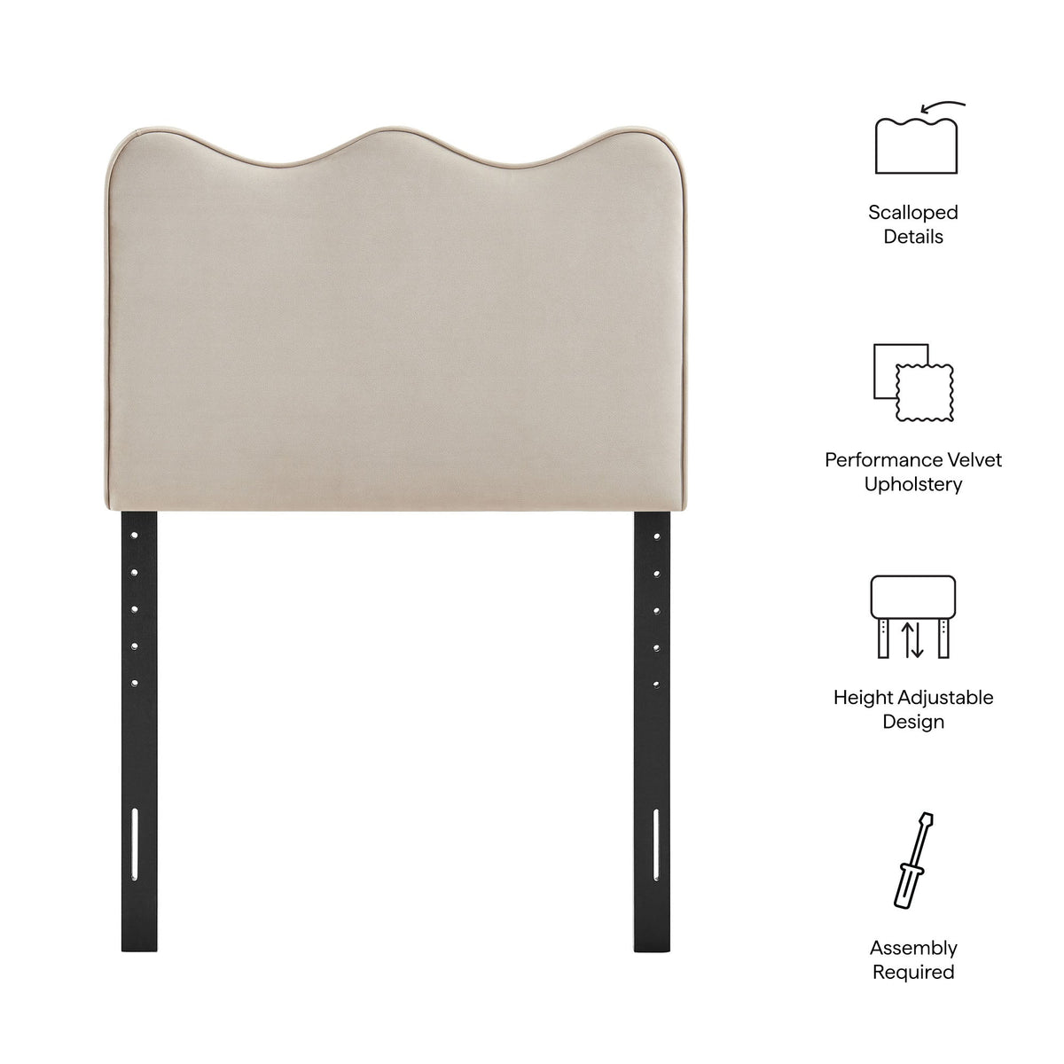 Athena stain-resistant performance velvet headboard with scalloped top edge and black metal legs by HouseOfZazla on Tampa Home & Garden Store