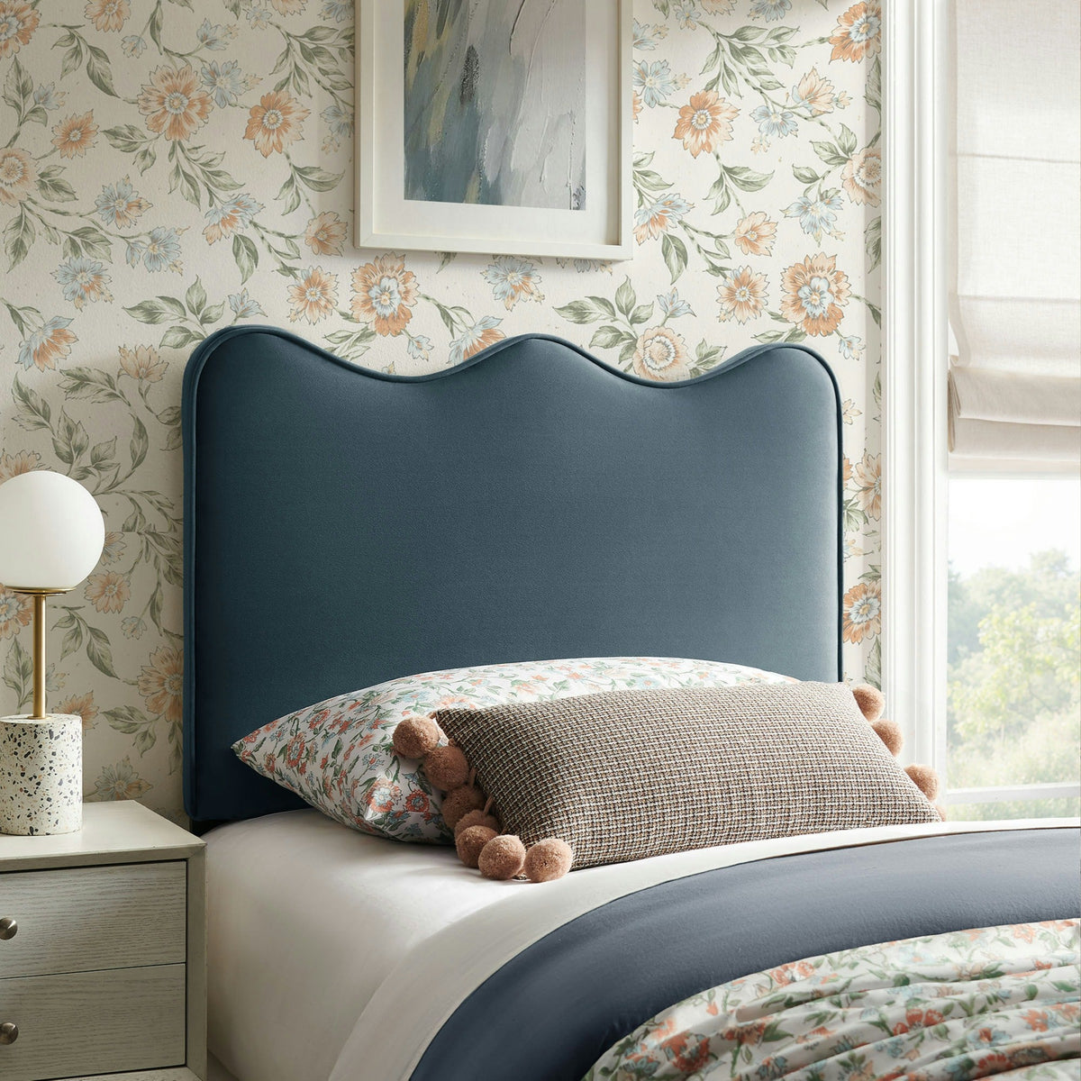 Athena headboard in stain-resistant performance velvet, deep blue with curved silhouette on Tampa Home & Garden Store