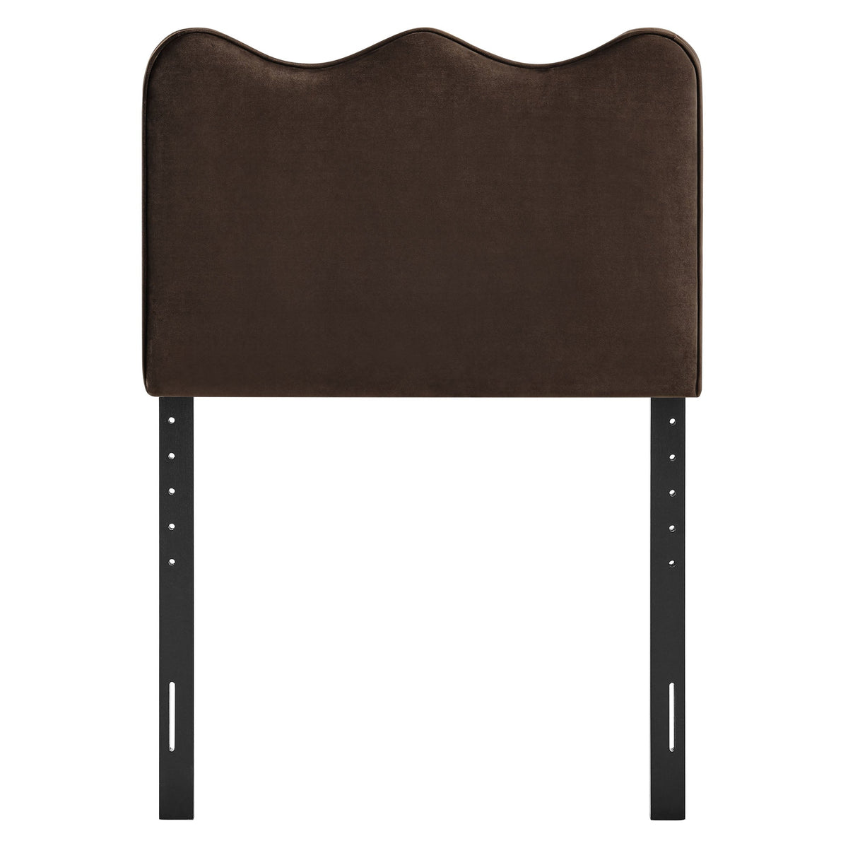 Athena stain-resistant velvet headboard in dark brown with curved top and black metal legs on Tampa Home & Garden Store
