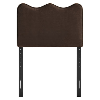 Athena stain-resistant velvet headboard in dark brown with curved top and black metal legs on Tampa Home & Garden Store