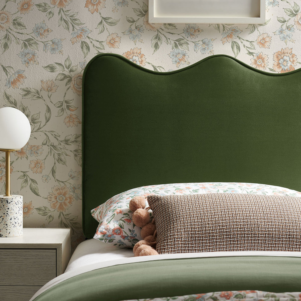 Athena Stain-Resistant Performance Velvet Headboard emerald green with curved silhouette on Tampa Home & Garden Store