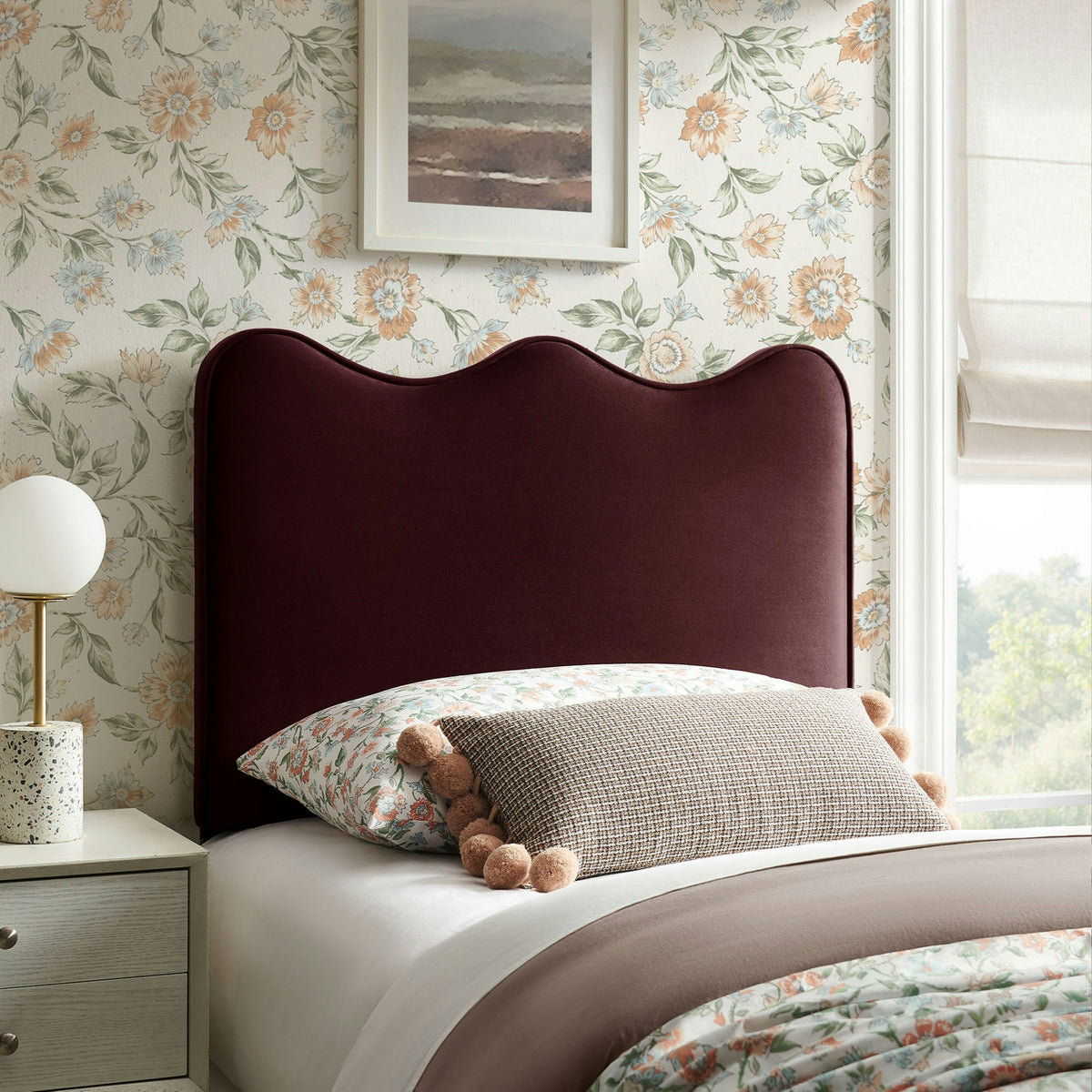 Athena Stain-Resistant Performance Velvet Headboard in burgundy fabric on Tampa Home & Garden Store