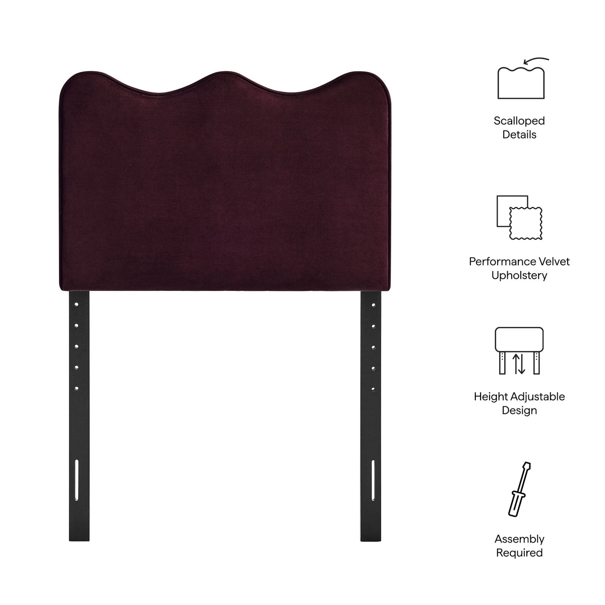 Athena stain-resistant velvet headboard by Modway in deep burgundy with scalloped top edge on Tampa Home & Garden Store