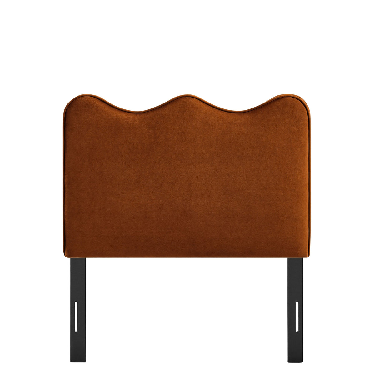 Athena headboard in warm brown stain-resistant velvet with curved top and black metal legs on Tampa Home & Garden Store