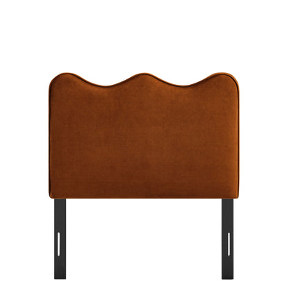 Athena headboard in warm brown stain-resistant velvet with curved top and black metal legs on Tampa Home & Garden Store