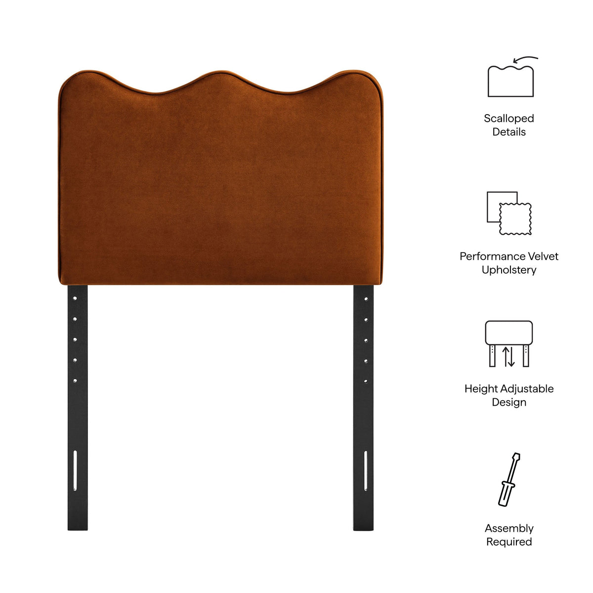 Athena Stain-Resistant Velvet Headboard in brown with scalloped top and height-adjustable legs on Tampa Home & Garden Store