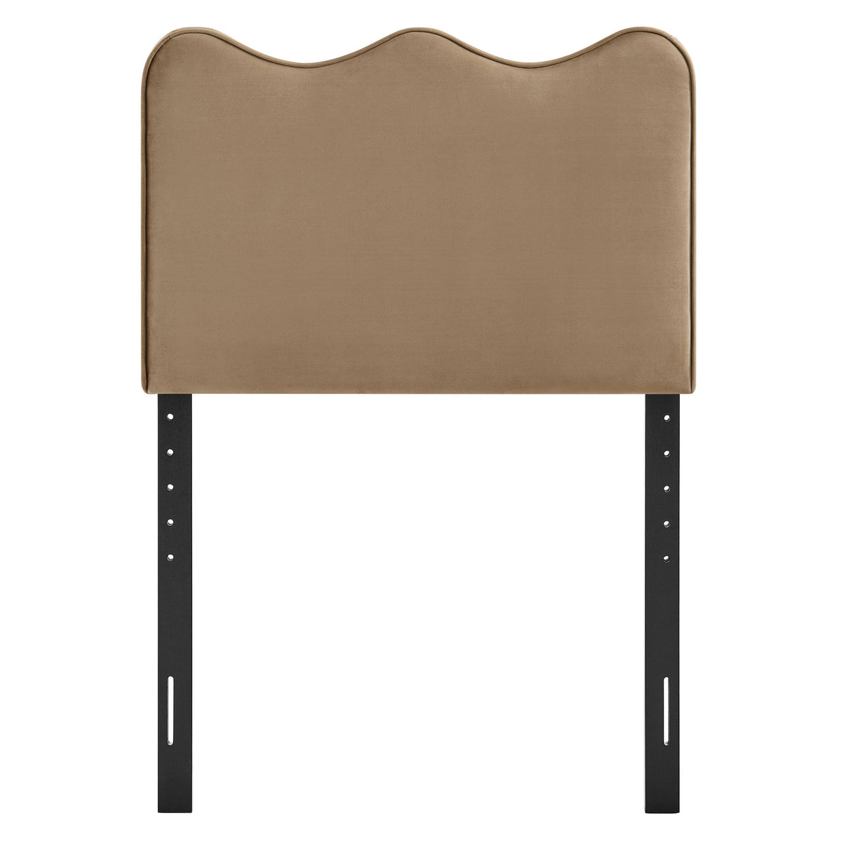 Athena headboard in tan stain-resistant velvet with curved top and black metal legs on Tampa Home & Garden Store