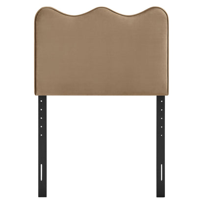 Athena headboard in tan stain-resistant velvet with curved top and black metal legs on Tampa Home & Garden Store