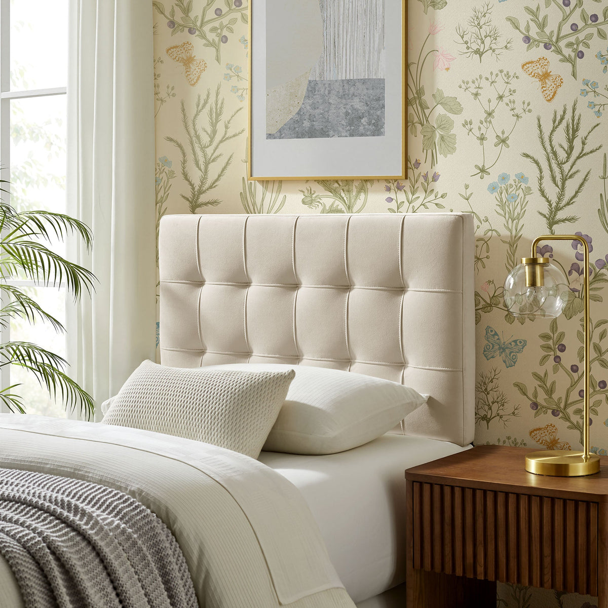 Lily Stain-Resistant Headboard cream velvet with channel seams by Modway from HouseOfZazla on Tampa Home & Garden Store