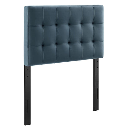Lily stain-resistant velvet headboard in blue with tufted panels and dark metal legs on Tampa Home & Garden Store