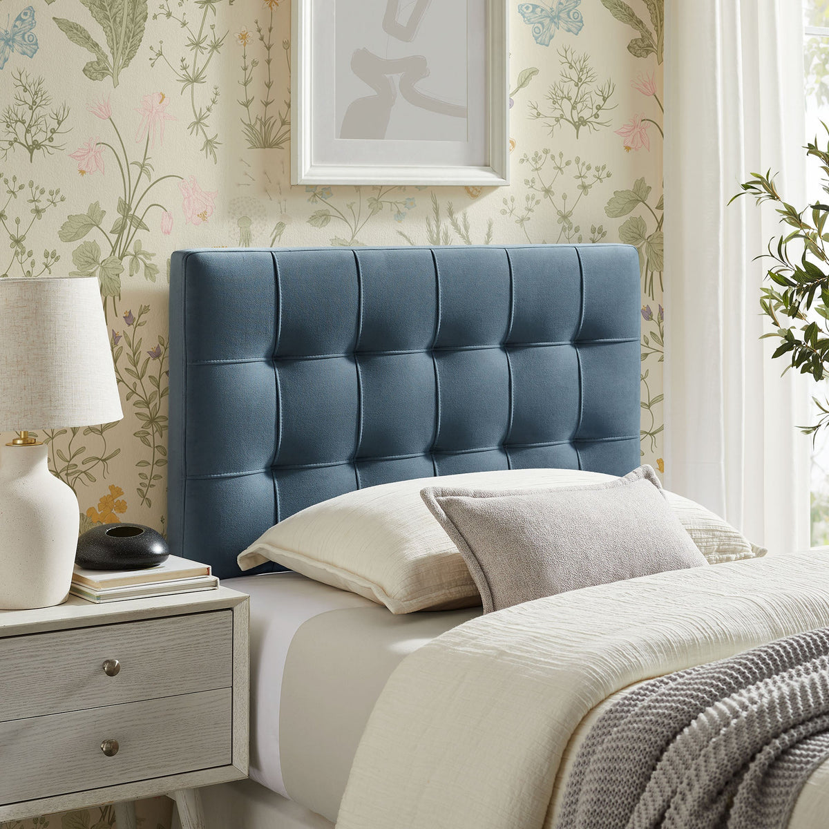 Lily Stain-Resistant Performance Velvet Headboard, blue tufted panel by HouseOfZazla on Tampa Home & Garden Store