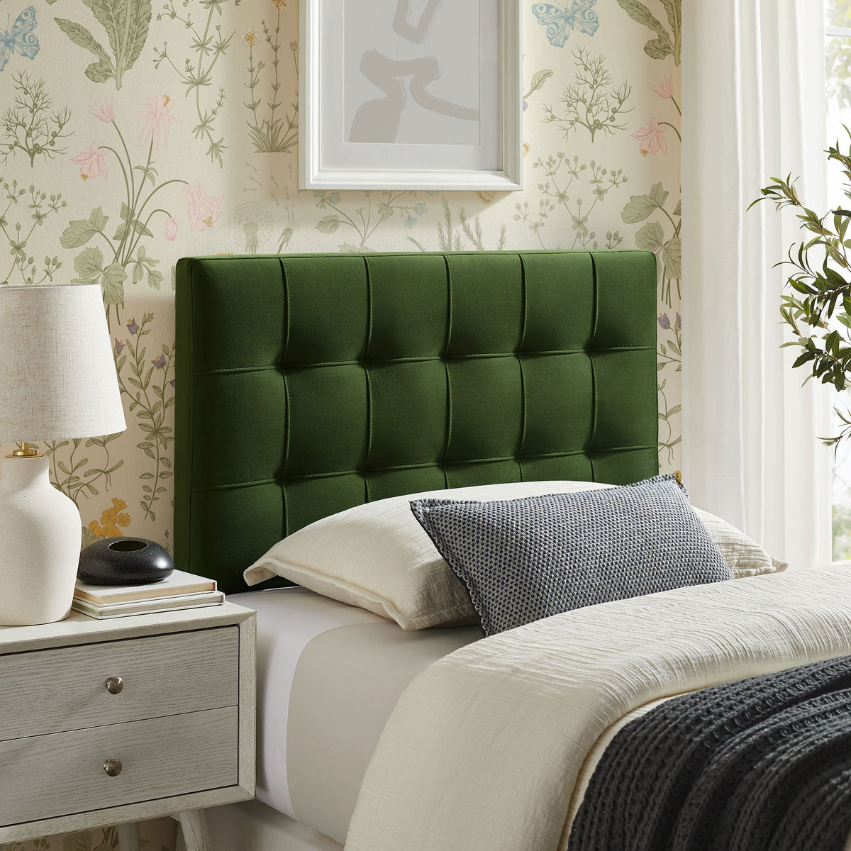 Lily Stain-Resistant Performance Velvet Headboard by Modway in deep green, tufted panels on Tampa Home & Garden Store