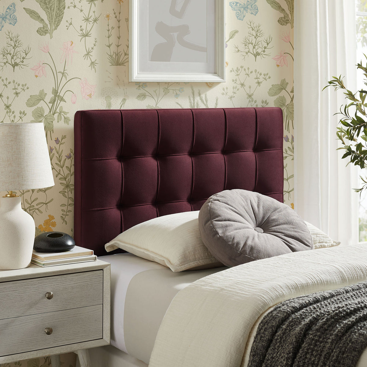 Lily stain-resistant performance velvet headboard by Modway in burgundy, tufted panels on Tampa Home & Garden Store