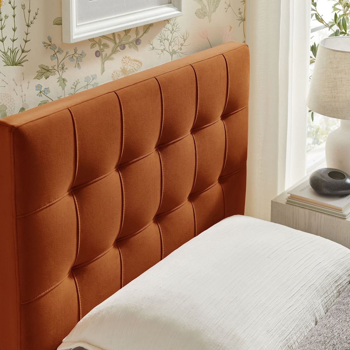 Lily Stain-Resistant Performance Velvet Headboard in warm orange with vertical channel tufting on Tampa Home & Garden Store