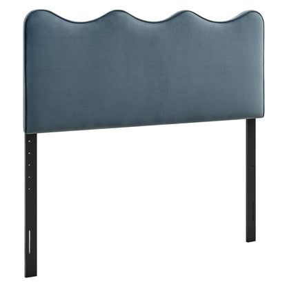 Athena blue velvet headboard with curved wave-top edge and black metal legs by Modway on Tampa Home & Garden Store