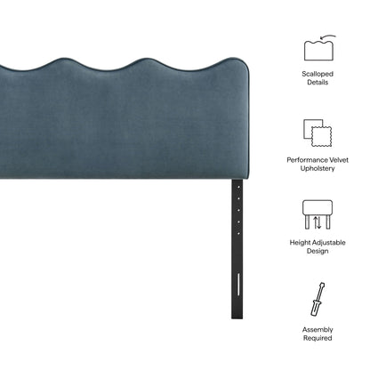 Athena stain-resistant performance velvet headboard in blue with scalloped edge on Tampa Home & Garden Store