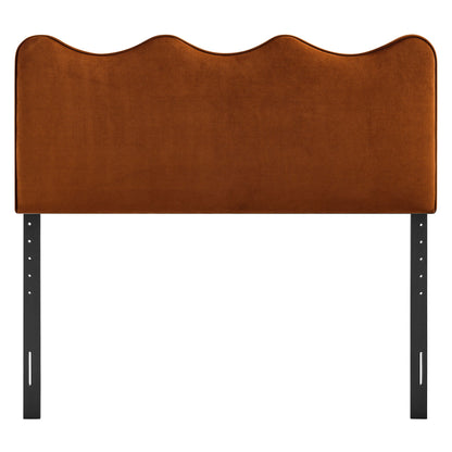 Athena stain-resistant velvet headboard warm brown scalloped top with black rails on Tampa Home & Garden Store