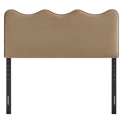 Athena Stain-Resistant Velvet Headboard in tan with scalloped top and black legs on Tampa Home & Garden Store