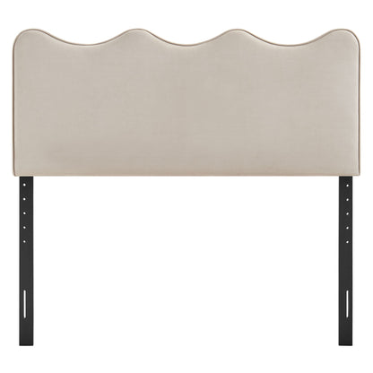 Athena stain-resistant velvet headboard beige with wave top and black metal legs by Modway on Tampa Home & Garden Store