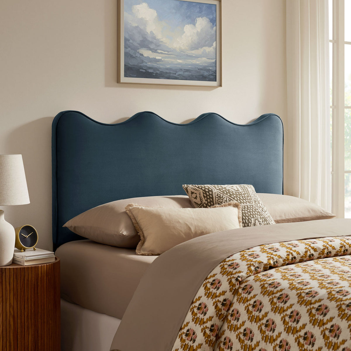 Athena stain-resistant velvet headboard by HouseOfZazla in blue with curved top on Tampa Home & Garden Store