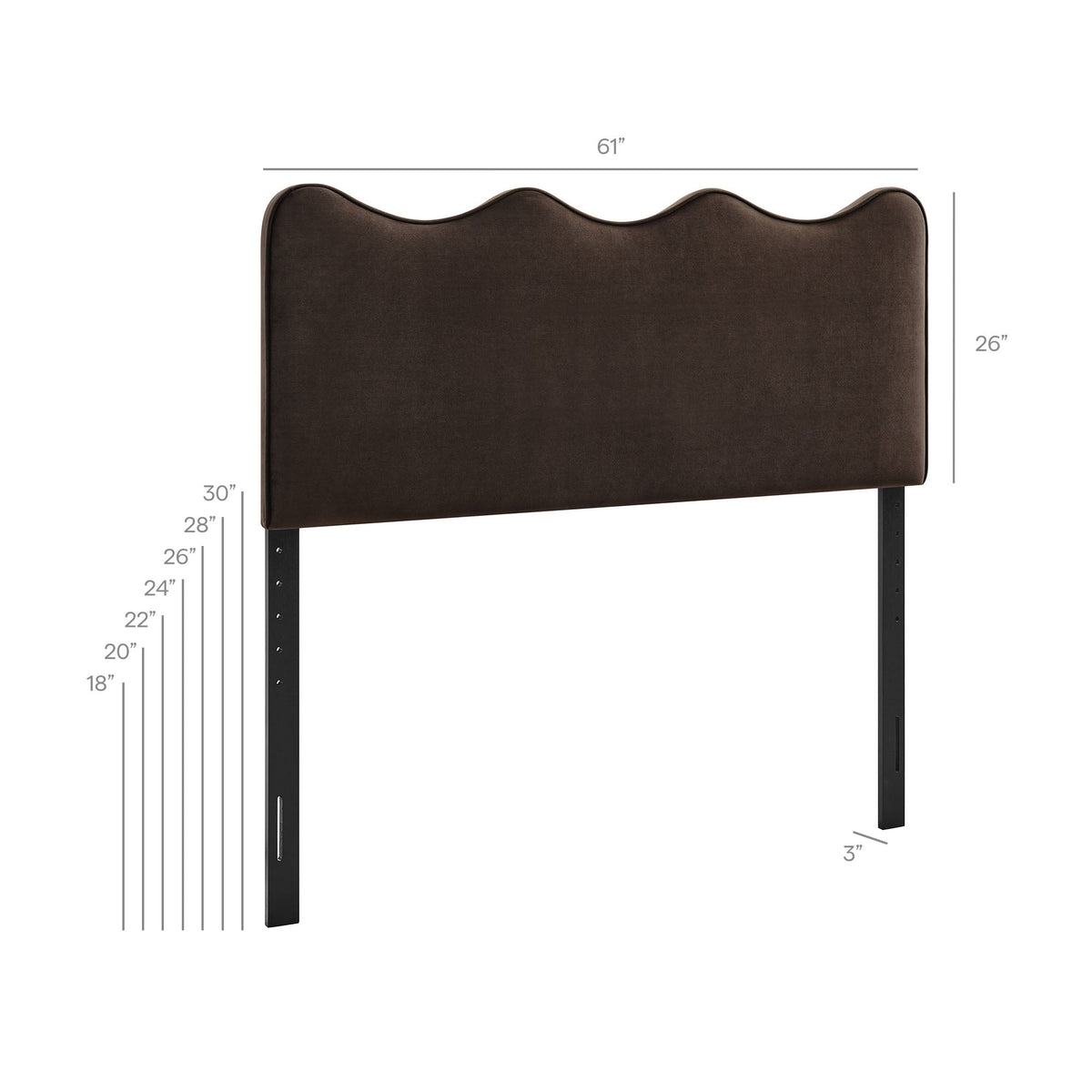 Athena stain-resistant velvet headboard with scalloped top, 61in wide, metal legs on Tampa Home & Garden Store