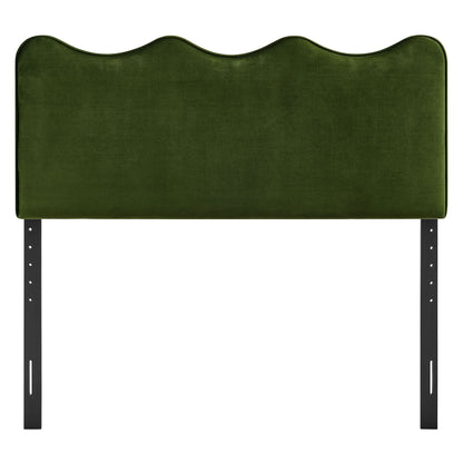 Athena stain-resistant velvet headboard in olive green with curved top and black metal legs on Tampa Home & Garden Store