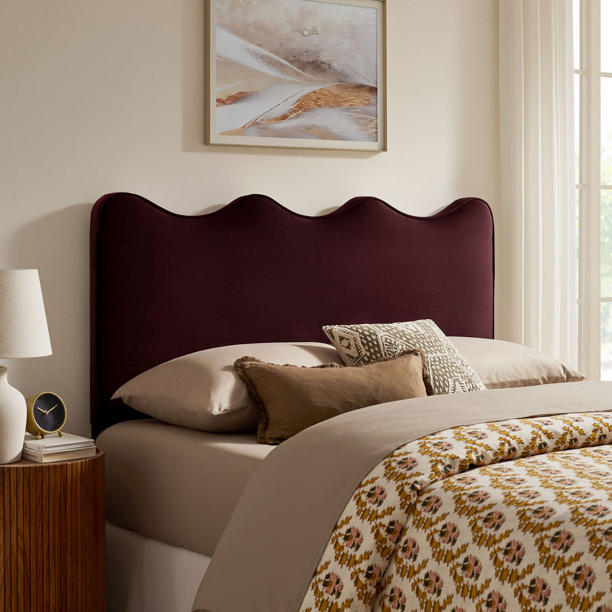Athena stain-resistant velvet headboard by Modway, burgundy upholstery in a modern bedroom on Tampa Home & Garden Store