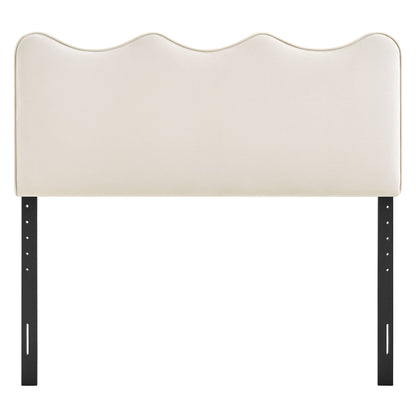 Athena stain-resistant velvet headboard in ivory with scalloped top and black metal legs on Tampa Home & Garden Store