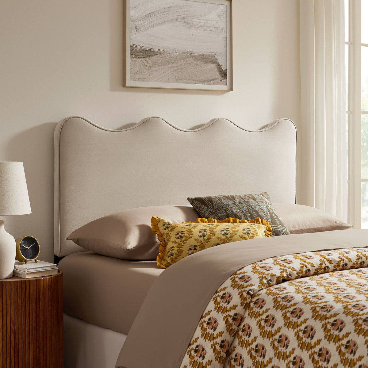 Athena stain-resistant performance velvet headboard in beige with a soft curved silhouette on Tampa Home & Garden Store
