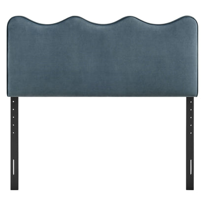 Athena headboard in blue stain-resistant velvet with curved scalloped top and slim metal legs on Tampa Home & Garden Store
