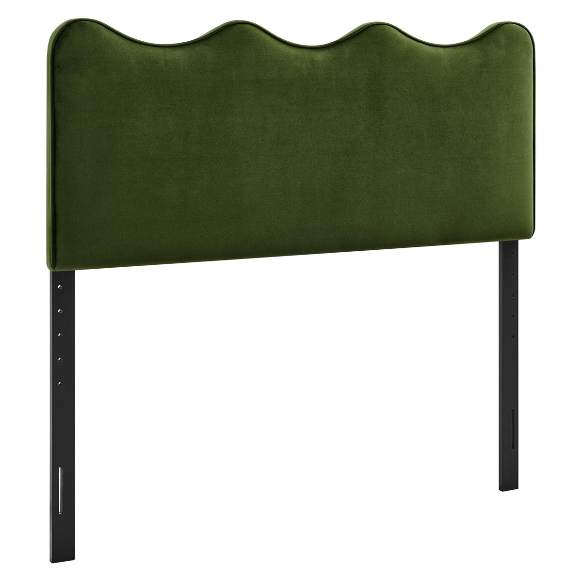 Athena stain-resistant performance velvet headboard in green, curved scalloped top, black metal legs on Tampa Home & Garden Store