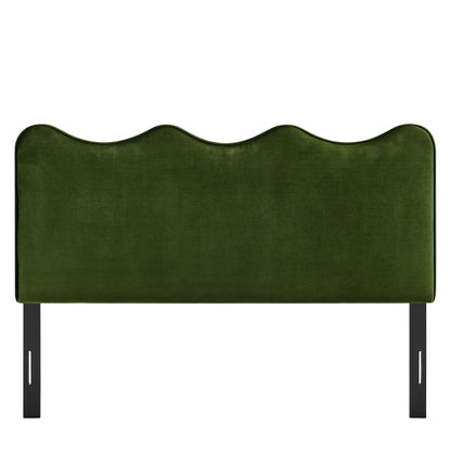 Athena Stain-Resistant Velvet headboard in green with scalloped top and black metal legs on Tampa Home & Garden Store