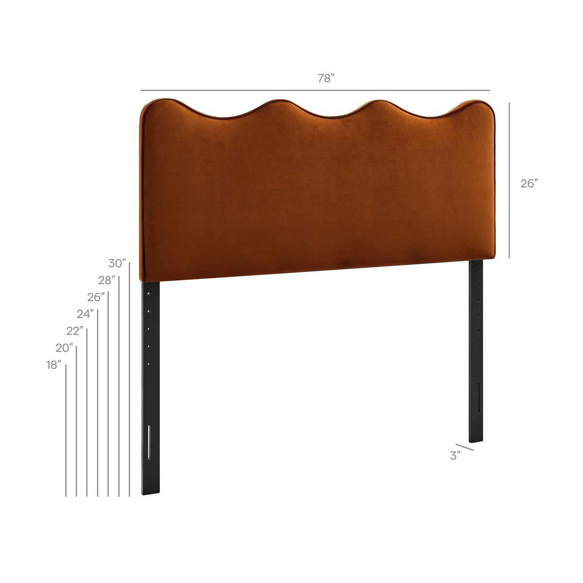 Athena stain-resistant velvet headboard caramel brown with scalloped wave top and metal legs on Tampa Home & Garden Store