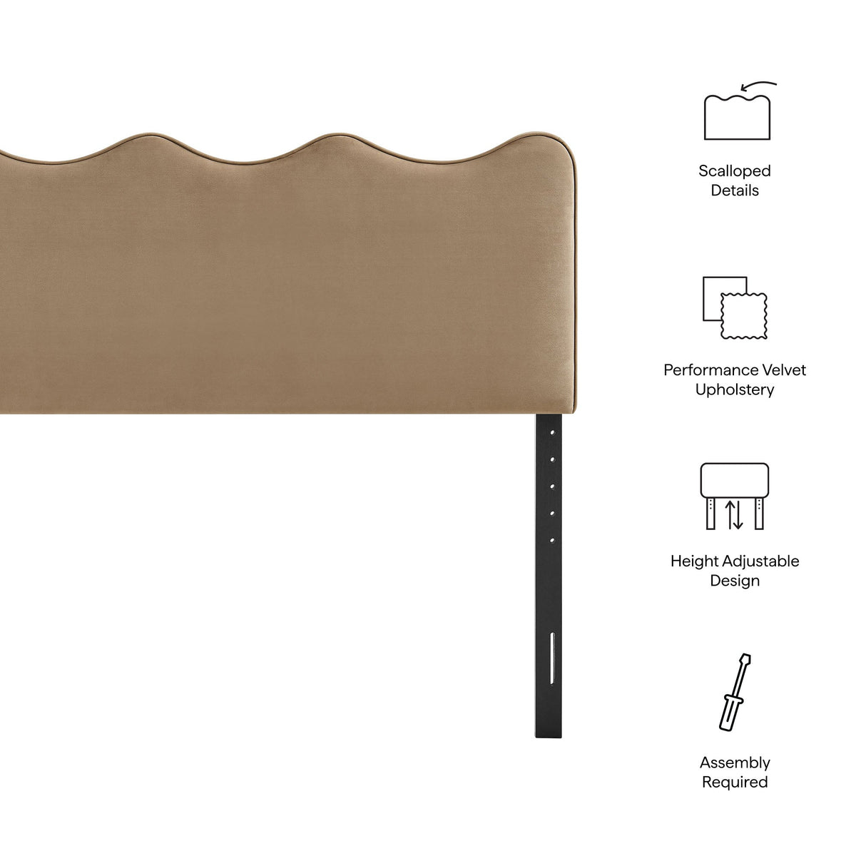 Athena headboard in beige stain-resistant velvet with scalloped edge and metal legs on Tampa Home & Garden Store