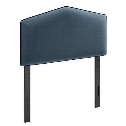 Cosette Performance Velvet Headboard blue velvet with dark piping on black metal legs on Tampa Home & Garden Store