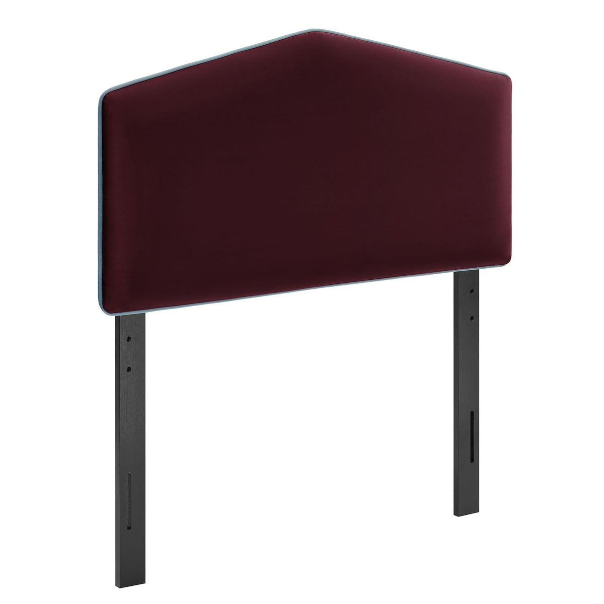 Cosette Performance Velvet Headboard burgundy with light blue piping and black legs on Tampa Home & Garden Store