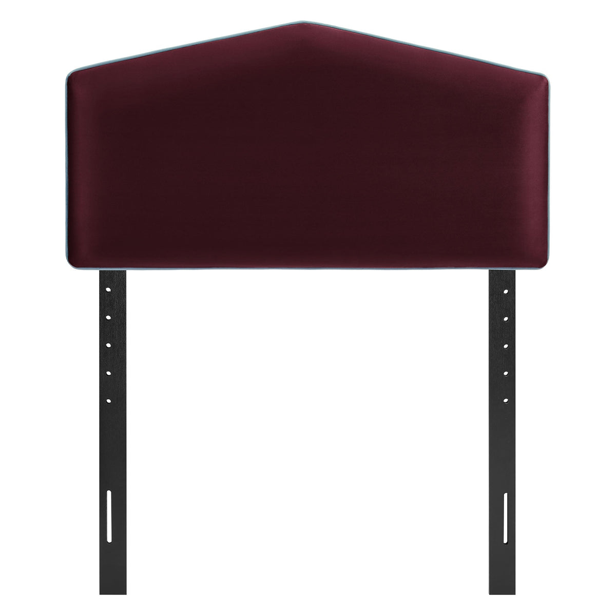 Cosette performance velvet headboard in burgundy with teal edge trim and black metal legs on Tampa Home & Garden Store