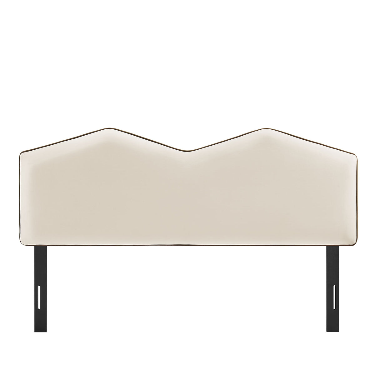 Cosette Performance Velvet Headboard cream velvet with dark piping on black metal legs on Tampa Home & Garden Store