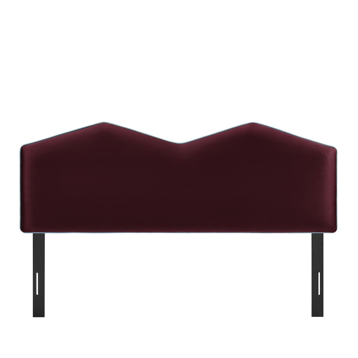 Cosette Performance Velvet Headboard in burgundy with light blue piping and curved top on Tampa Home & Garden Store