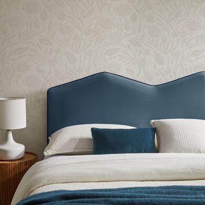 Cosette Performance Velvet Headboard teal curved silhouette and dark piping with white bedding on Tampa Home & Garden Store