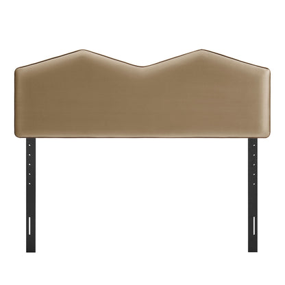 Cosette Performance Velvet Headboard in tan velvet with curved wave top, mounted on black metal frame on Tampa Home & Garden Store