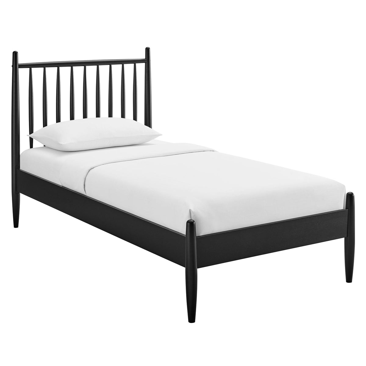 Zane Spindle Bed Frame by Modway, black metal bed with spindle headboard and white bedding on Tampa Home & Garden Store