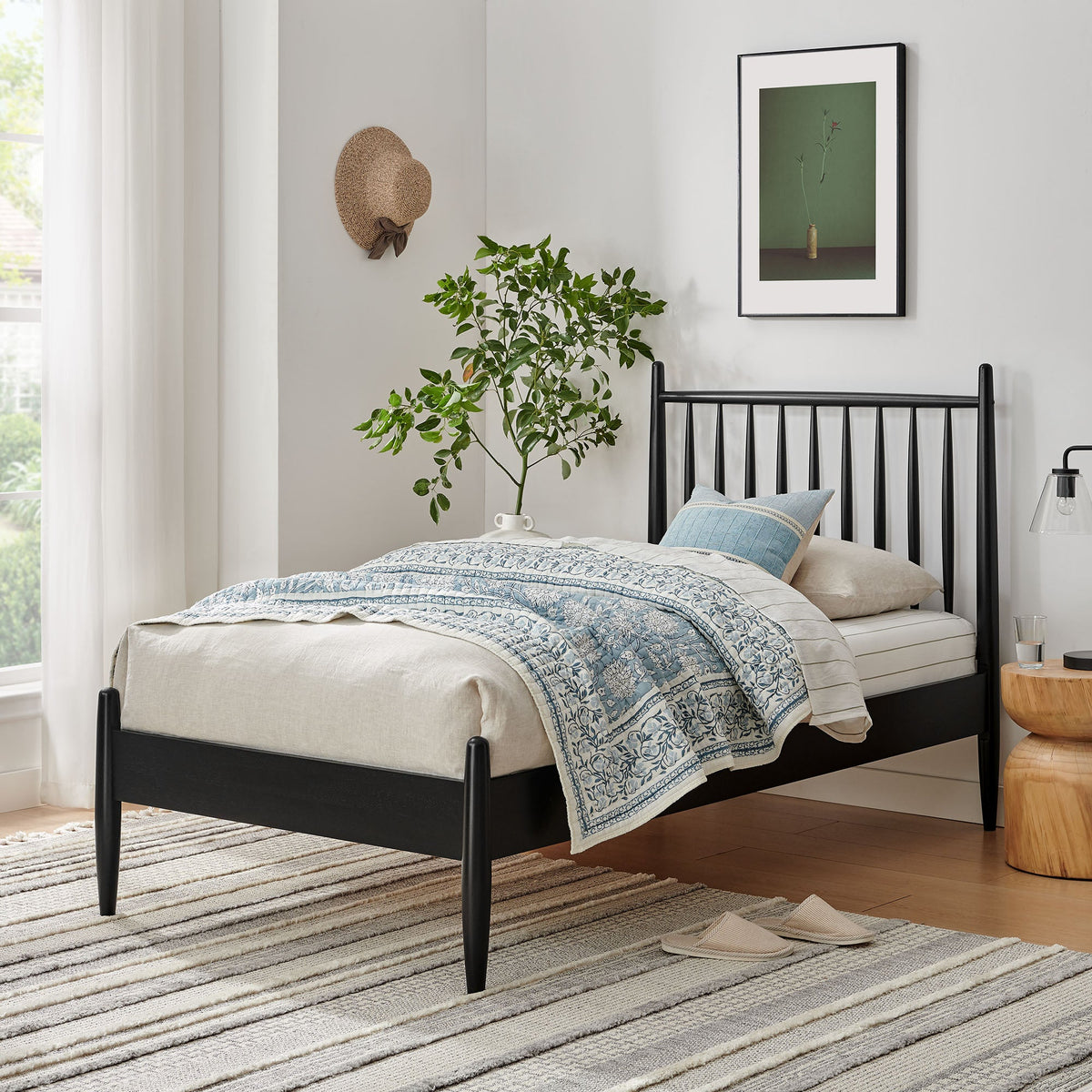 Zane Spindle Bed Frame by Modway black metal bed with blue quilt on Tampa Home & Garden Store