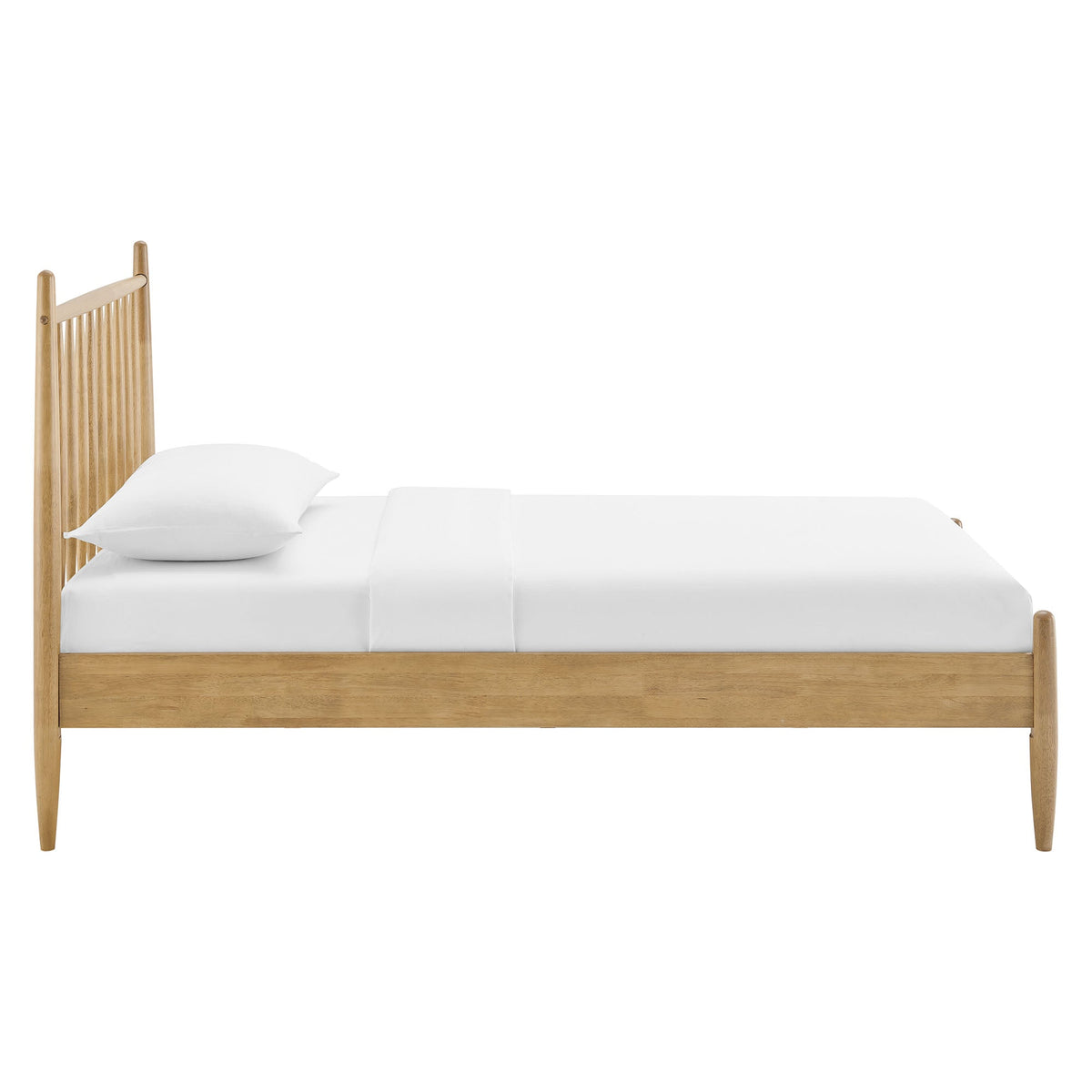 Zane Spindle Bed Frame by Modway, natural wood finish with slatted headboard and white bedding on Tampa Home & Garden Store