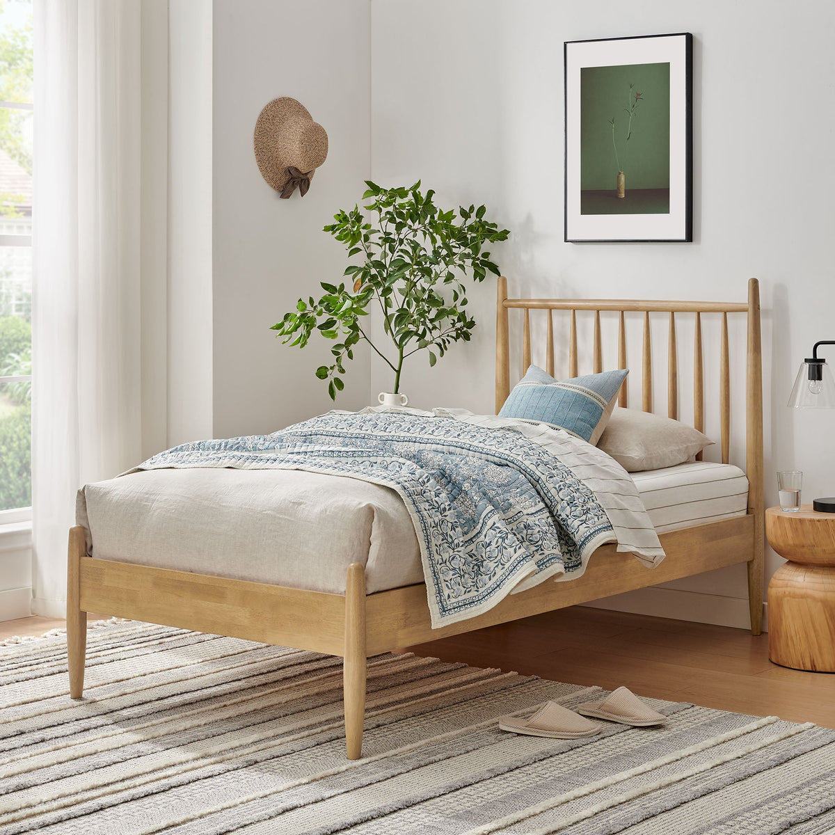 Zane Spindle Bed Frame by Modway in natural wood with beige bed skirt on Tampa Home & Garden Store