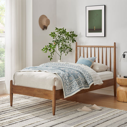 Zane Spindle Bed Frame by Modway in natural wood with blue patterned quilt and pillows on Tampa Home & Garden Store