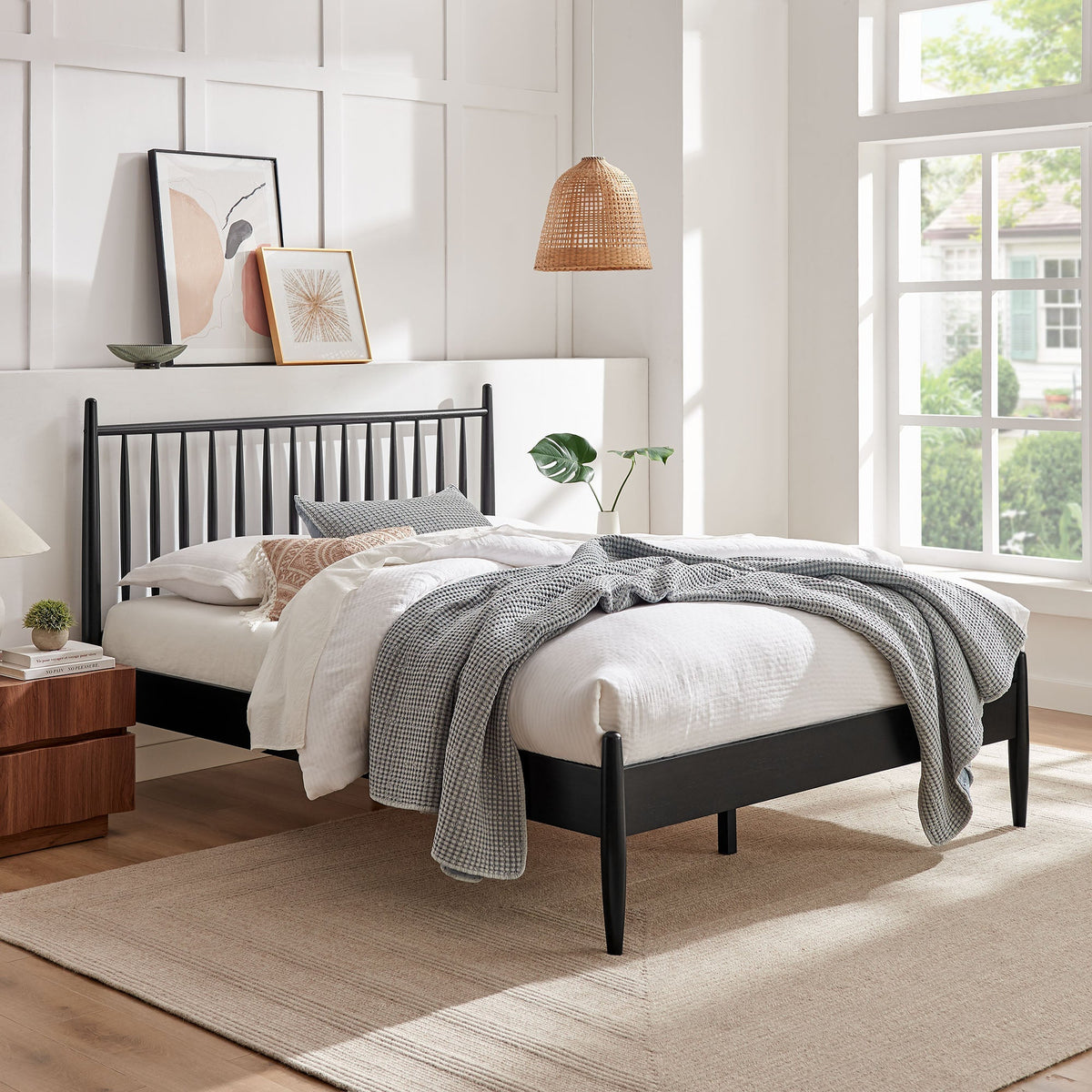 Zane Spindle Bed Frame black metal with spindle headboard in white bedroom on Tampa Home & Garden Store